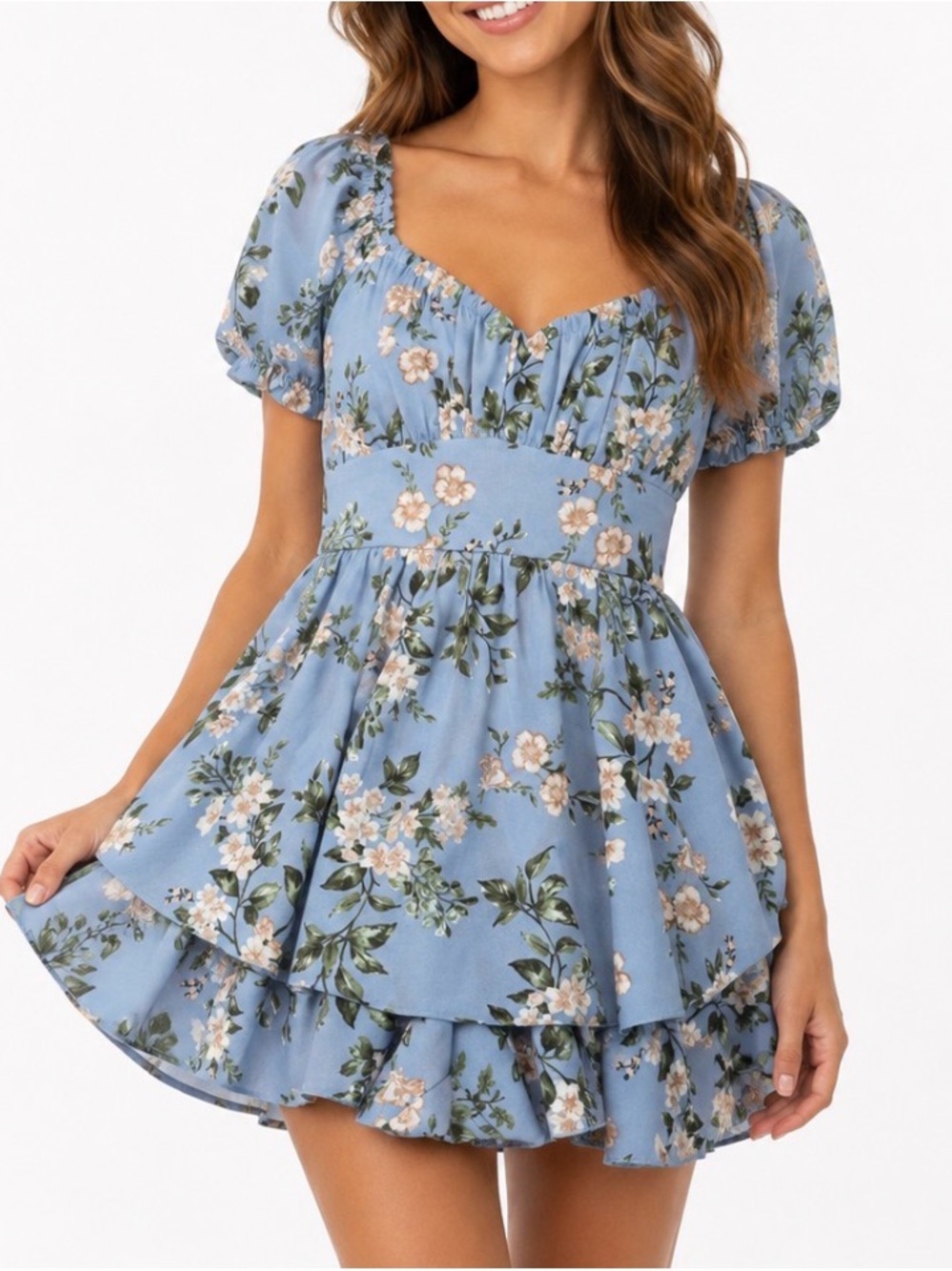 Inspired Hearts Light blue floral romper puff sleeves sweetheart neckline SZ M